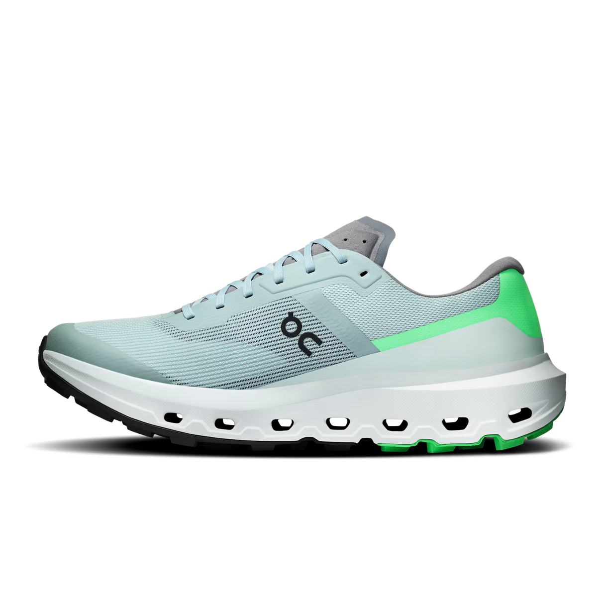 A light blue and gray running shoe with a bright green heel accent and a white midsole, shown in a side profile on a white background. - On Cloudvista 3 Shoes (Men's) - Brook/Verdite