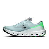 A light blue and gray running shoe with a bright green heel accent and a white midsole, shown in a side profile on a white background. - On Cloudvista 3 Shoes (Men's) - Brook/Verdite