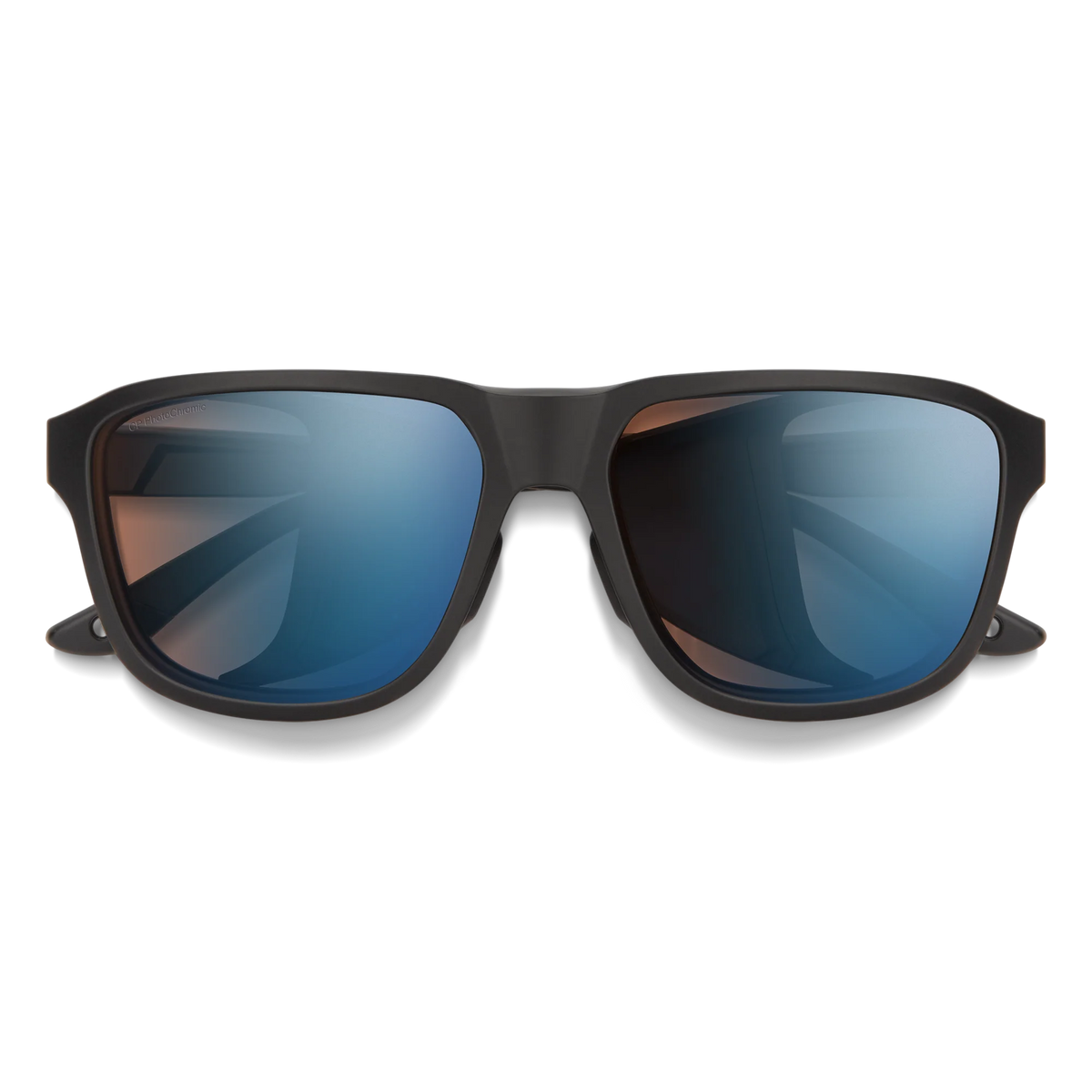 Matte black square sunglasses with blue mirrored lenses, shown from a front-facing perspective on a white background. - Smith Embark Sunglasses - Matte Black | ChromaPop Glacier Photochromic Copper Blue Mirror