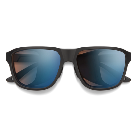 Matte black square sunglasses with blue mirrored lenses, shown from a front-facing perspective on a white background. - Smith Embark Sunglasses - Matte Black | ChromaPop Glacier Photochromic Copper Blue Mirror