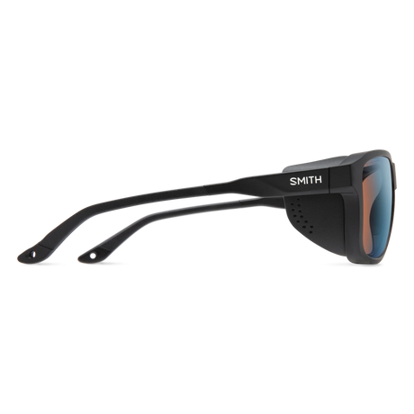 Black Smith sunglasses with a square-shaped lens and a reflective blue-to-orange mirrored finish, shown from a side profile on a white background. - Smith Embark Sunglasses - Matte Black | ChromaPop Glacier Photochromic Copper Blue Mirror