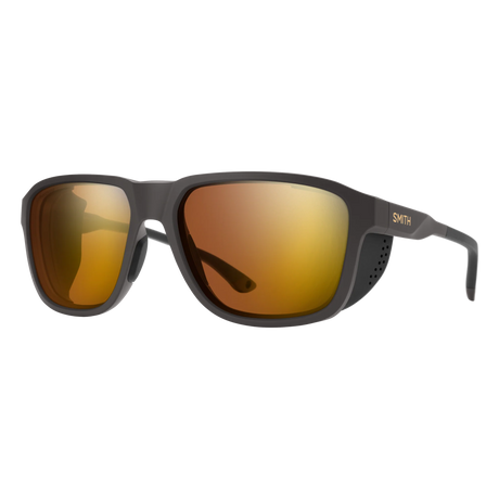 Sunglasses with brown lenses and black frame on a white background - Smith Embark Sunglasses - Matte Gravy | ChromaPop Glacier Photochromic Copper Gold Mirror
