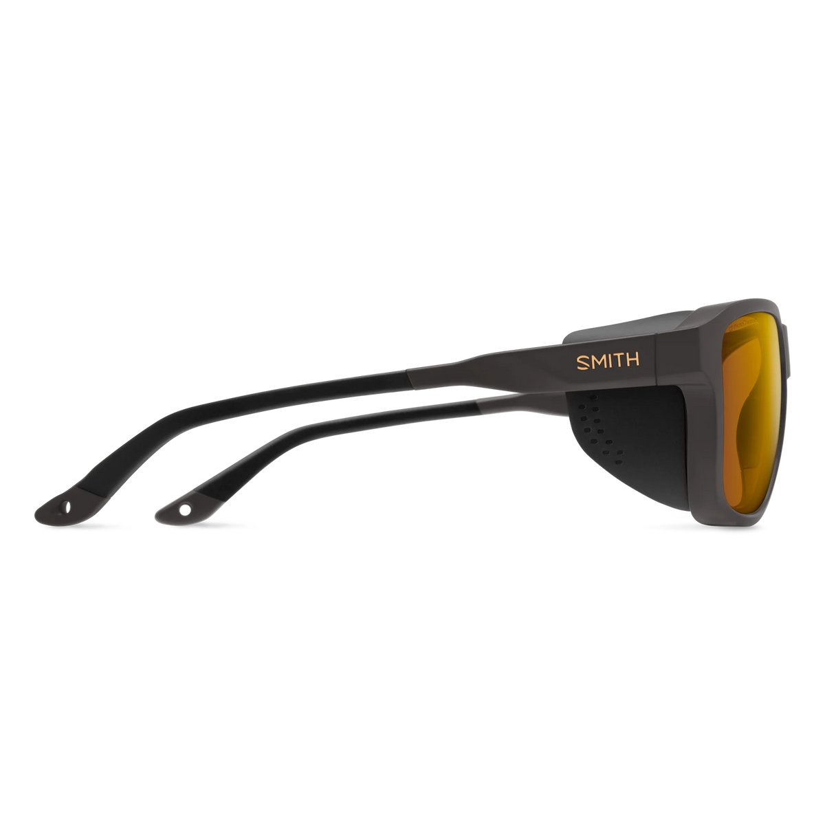 Black sunglasses with yellow lenses on a white background - Smith Embark Sunglasses - Matte Gravy | ChromaPop Glacier Photochromic Copper Gold Mirror