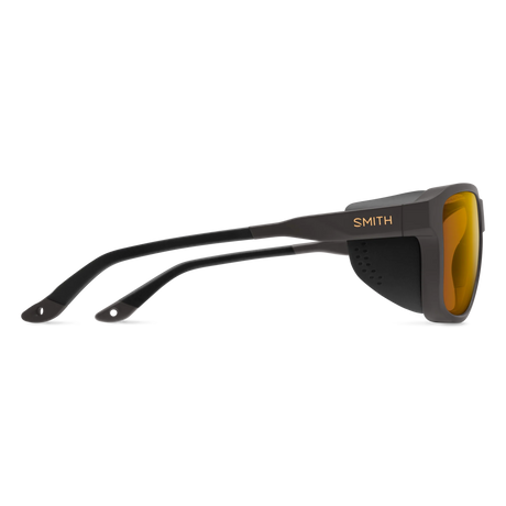 Black sunglasses with yellow lenses on a white background - Smith Embark Sunglasses - Matte Gravy | ChromaPop Glacier Photochromic Copper Gold Mirror