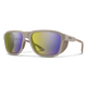 Smith sunglasses with a matte taupe frame and mirrored lenses showing yellow, green, and purple reflections, on a white background. - Smith Embark Sunglasses - Matte Summit | ChromaPop Glacier Photochromic Yellow Violet Mirror