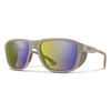 Smith sunglasses with a matte taupe frame and mirrored lenses showing yellow, green, and purple reflections, on a white background. - Smith Embark Sunglasses - Matte Summit | ChromaPop Glacier Photochromic Yellow Violet Mirror