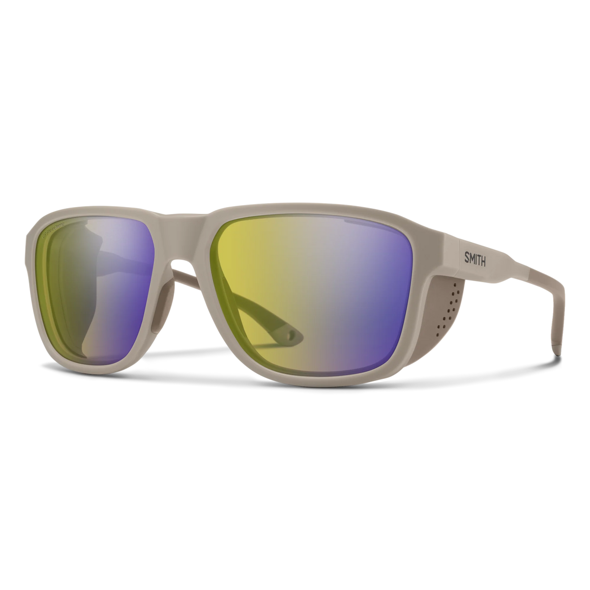 Smith sunglasses with a matte taupe frame and mirrored lenses showing yellow, green, and purple reflections, on a white background. - Smith Embark Sunglasses - Matte Summit | ChromaPop Glacier Photochromic Yellow Violet Mirror