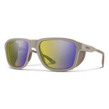 Smith sunglasses with a matte taupe frame and mirrored lenses showing yellow, green, and purple reflections, on a white background. - Smith Embark Sunglasses - Matte Summit | ChromaPop Glacier Photochromic Yellow Violet Mirror