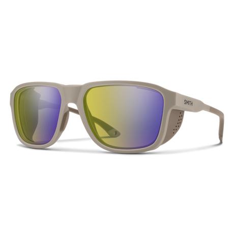 Smith sunglasses with a matte taupe frame and mirrored lenses showing yellow, green, and purple reflections, on a white background. - Smith Embark Sunglasses - Matte Summit | ChromaPop Glacier Photochromic Yellow Violet Mirror