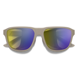 A pair of square-frame sunglasses with a matte taupe frame and mirrored lenses reflecting yellow and blue-purple colors, shown against a plain white background. - Smith Embark Sunglasses - Matte Summit | ChromaPop Glacier Photochromic Yellow Violet Mirror
