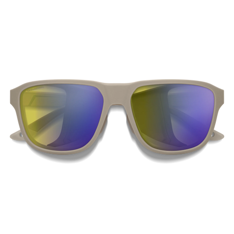 A pair of square-frame sunglasses with a matte taupe frame and mirrored lenses reflecting yellow and blue-purple colors, shown against a plain white background. - Smith Embark Sunglasses - Matte Summit | ChromaPop Glacier Photochromic Yellow Violet Mirror