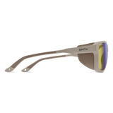 Smith sunglasses with a matte taupe frame and mirrored yellow-to-blue lenses, shown from a side profile on a white background. - Smith Embark Sunglasses - Matte Summit | ChromaPop Glacier Photochromic Yellow Violet Mirror
