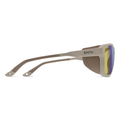 Smith sunglasses with a matte taupe frame and mirrored yellow-to-blue lenses, shown from a side profile on a white background. - Smith Embark Sunglasses - Matte Summit | ChromaPop Glacier Photochromic Yellow Violet Mirror