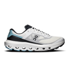 A side profile view of an On Cloudrunning shoe in white, black, and light blue. The shoe features a white mesh upper with black overlays, a black logo, and a light blue heel accent, set against a clean white background. - On Cloudvista 3 Shoes (Men's) - Ivory/Wash