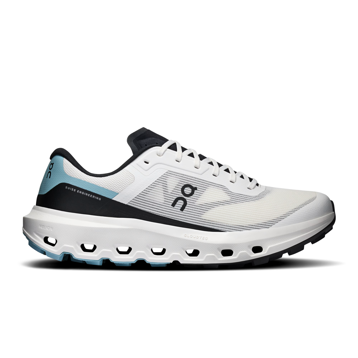 A side profile view of an On Cloudrunning shoe in white, black, and light blue. The shoe features a white mesh upper with black overlays, a black logo, and a light blue heel accent, set against a clean white background. - On Cloudvista 3 Shoes (Men's) - Ivory/Wash
