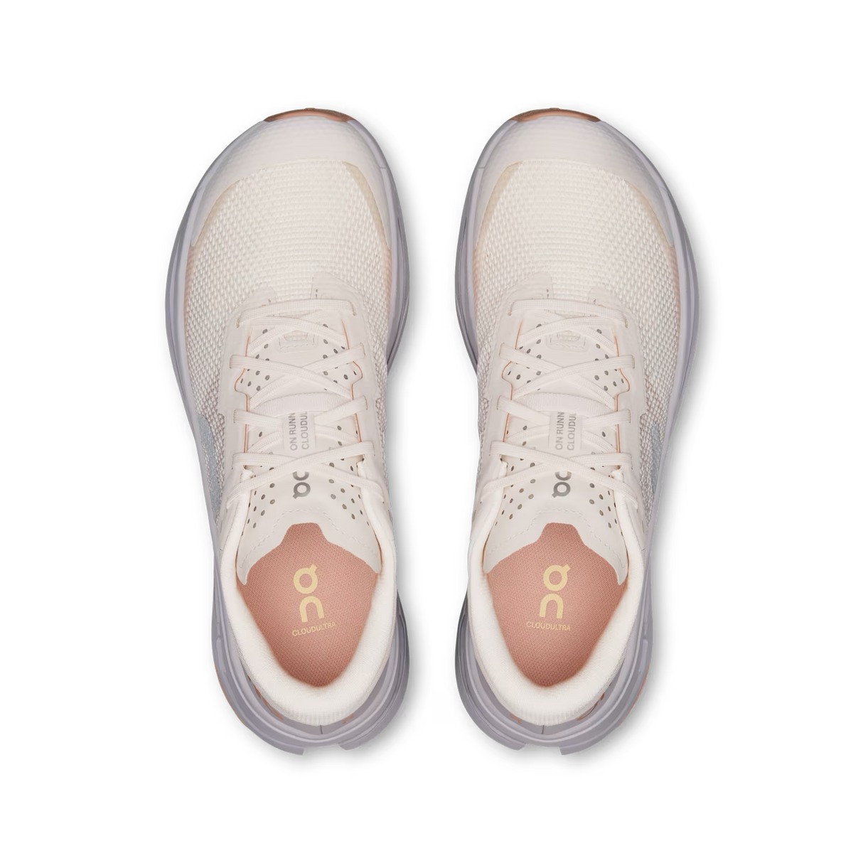 A pair of On Cloudrunner running shoes shown from a top-down view, featuring a cream and light gray mesh upper with a light pink inner lining and gold 'on' branding on the insole. - On Cloudultra 3 Shoes (Women's) - Oyster/Ether
