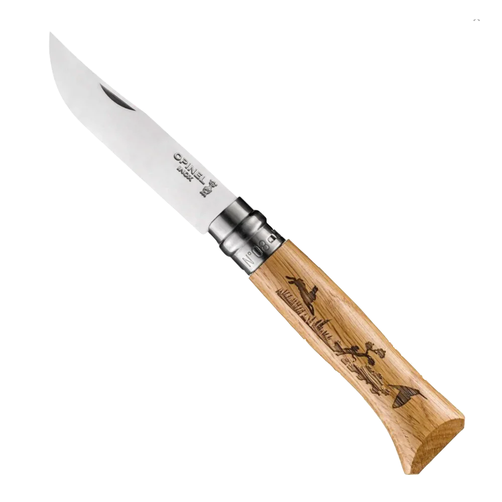 Opinel No°08 Oak Engraved Handle Folding Knife - Animalia - Hare - Find Your Feet Australia Hobart Launceston Tasmania