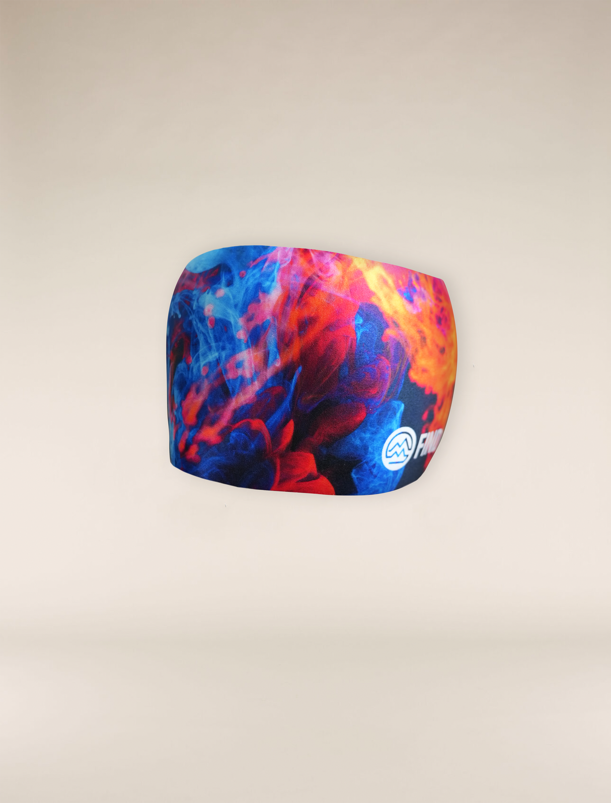 Colorful flame-patterned Training Headband product with Find Your Feet logo on a beige background