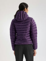 A woman shown from the back wearing a purple hooded puffer jacket and black pants against a light gray studio background. - Arc'teryx Cerium Hoody (Women's) - Moondrop