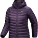A dark purple hooded puffer jacket with horizontal quilting, shown against a plain white background. The Arc'teryx logo is visible on the left chest. - Arc'teryx Cerium Hoody (Women's) - Moondrop