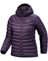 A dark purple hooded puffer jacket with horizontal quilting, shown against a plain white background. The Arc'teryx logo is visible on the left chest. - Arc'teryx Cerium Hoody (Women's) - Moondrop