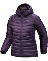 A dark purple hooded puffer jacket with horizontal quilting, shown against a plain white background. The Arc'teryx logo is visible on the left chest. - Arc'teryx Cerium Hoody (Women's) - Moondrop