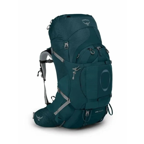 Teal Osprey hiking backpack on a white background - Osprey Ariel Plus 70 Backpack (Women's) - Night Jungle Blue