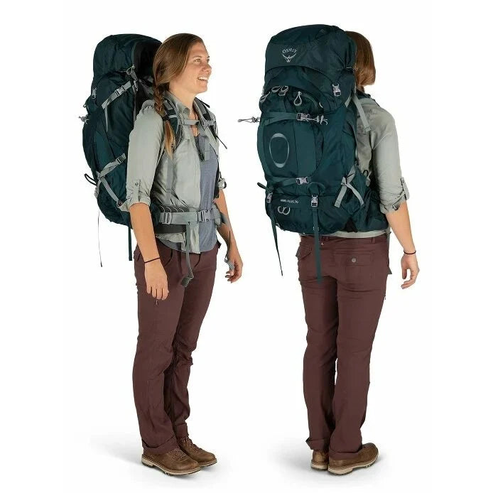 Person wearing a large green backpack from multiple angles on a white background - Osprey Ariel Plus 70 Backpack (Women's) - Night Jungle Blue