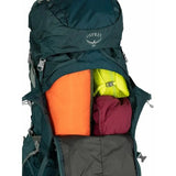 Osprey backpack with colorful compartments on a white background - Osprey Ariel Plus 70 Backpack (Women's) - Night Jungle Blue