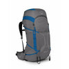 Gray backpack with blue straps on a white background - Osprey Exos Pro 55 Backpack (Men's) - Dale Grey/Agam Blue