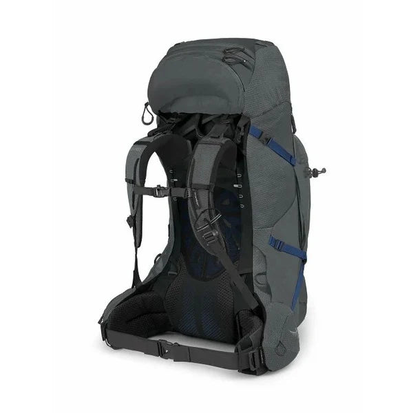 Gray and black hiking backpack with blue accents on a white background - Osprey Aether Plus 70 Backpack (Men's) - Eclipse Grey