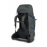 Gray and black hiking backpack with blue accents on a white background - Osprey Aether Plus 70 Backpack (Men's) - Eclipse Grey