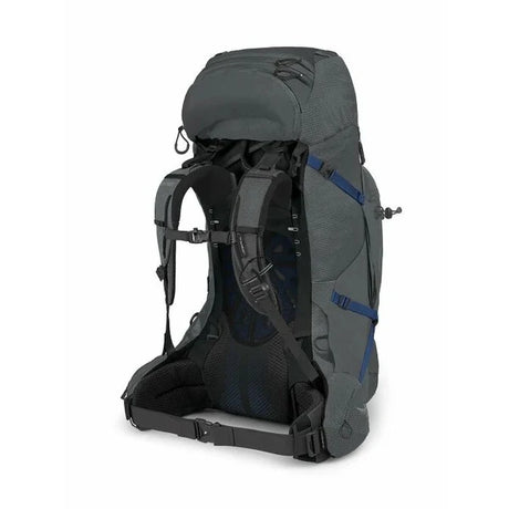 Gray and black hiking backpack with blue accents on a white background - Osprey Aether Plus 70 Backpack (Men's) - Eclipse Grey
