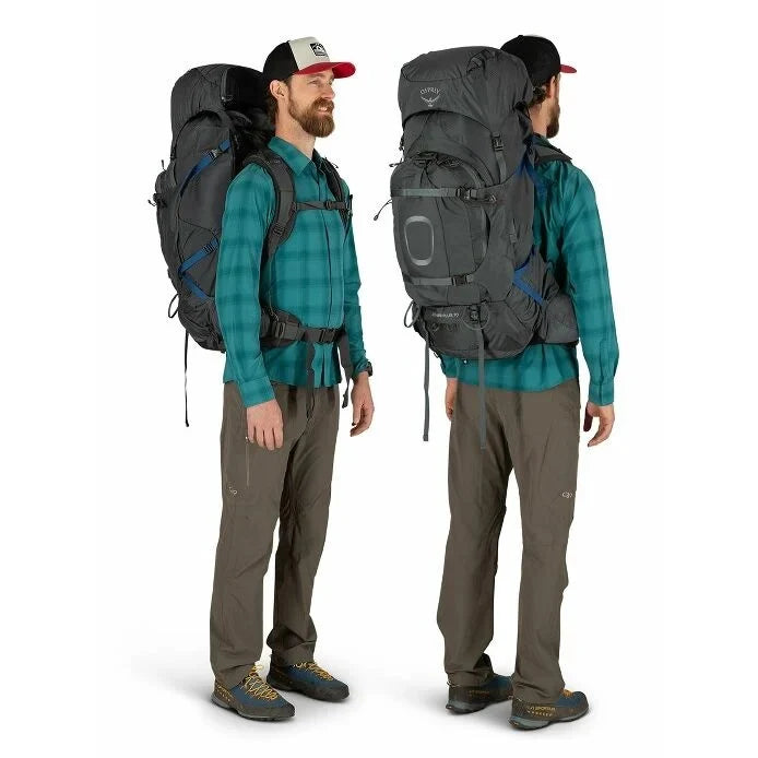 Man wearing a large backpack from multiple angles on a white background - Osprey Aether Plus 70 Backpack (Men's) - Eclipse Grey
