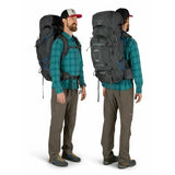 Man wearing a large backpack from multiple angles on a white background - Osprey Aether Plus 70 Backpack (Men's) - Eclipse Grey