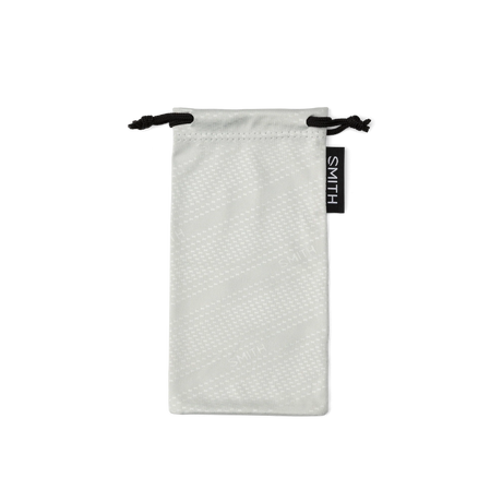 White drawstring pouch with black drawstrings and a visible brand logo on a white background - Smith Lowdown 2 Sunglasses - Matte Fathom + ChromaPop Polarised Black