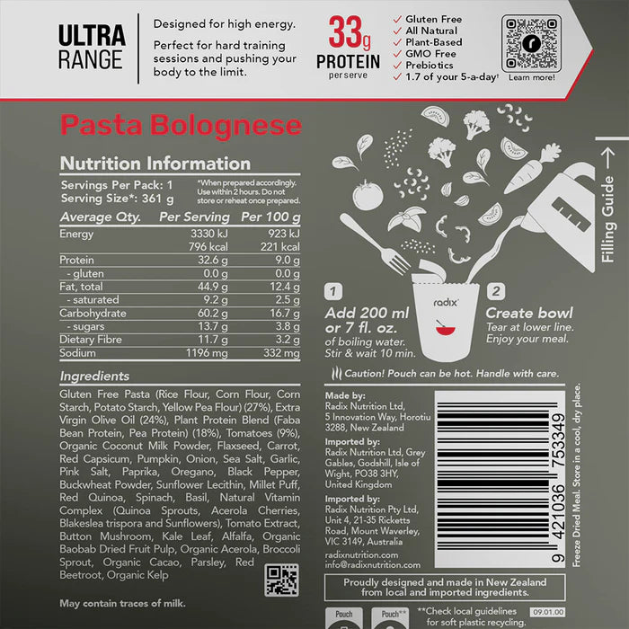 Radix Nutrition Main Meals v9 Plant Based - Ultra Range 800 - Pasta Bolognese - Find Your Feet Australia Hobart Launceston Tasmania