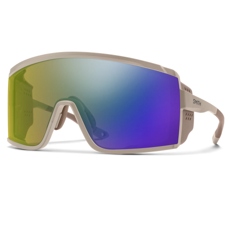 Beige goggles with green and blue gradient lenses on a white background - Smith Pursuit Sunglasses - Matte Summit | ChromaPop Glacier Photochromic Yellow Violet Mirror