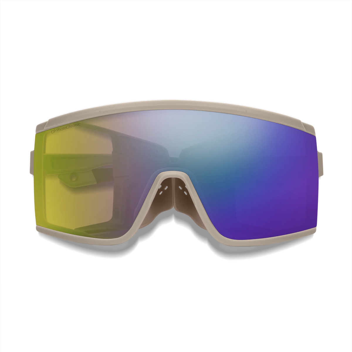 Sunglasses with reflective purple lenses on a white background - Smith Pursuit Sunglasses - Matte Summit | ChromaPop Glacier Photochromic Yellow Violet Mirror