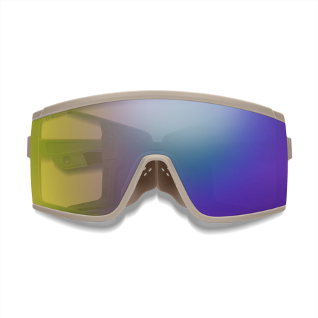 Sunglasses with reflective purple lenses on a white background - Smith Pursuit Sunglasses - Matte Summit | ChromaPop Glacier Photochromic Yellow Violet Mirror