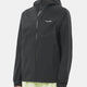 A model wearing a black hooded athletic jacket with a full front zipper and a small white MULLION logo on the left chest, paired with light green shorts, against a plain light gray background. - Salomon Bonatti Waterproof Jacket (Women's) - Deep Black