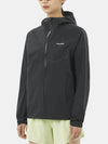 A model wearing a black hooded athletic jacket with a full front zipper and a small white MULLION logo on the left chest, paired with light green shorts, against a plain light gray background. - Salomon Bonatti Waterproof Jacket (Women's) - Deep Black