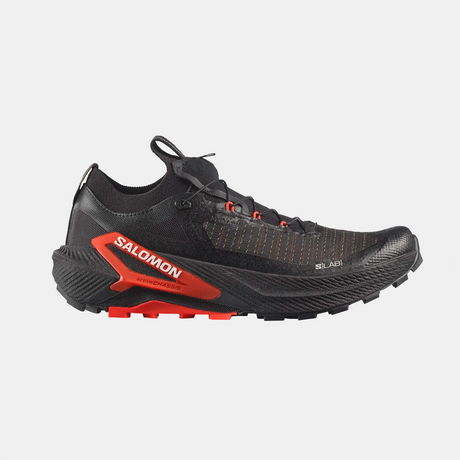 A Salomon trail running shoe in black and red, shown from a lateral profile view against a light gray background. - Salomon S/LAB Genesis 2 Shoes (Unisex) - Black/Black/Fiery Red