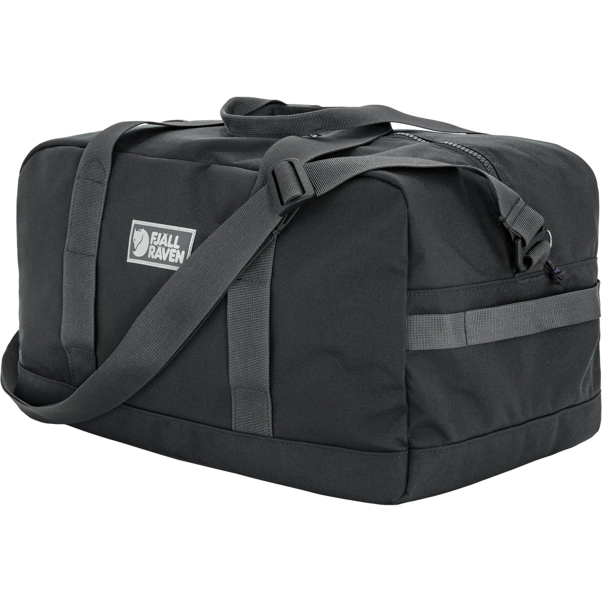 Black duffel bag with a visible brand logo on a white background - Fjällräven Vardag Duffel 33L - Black