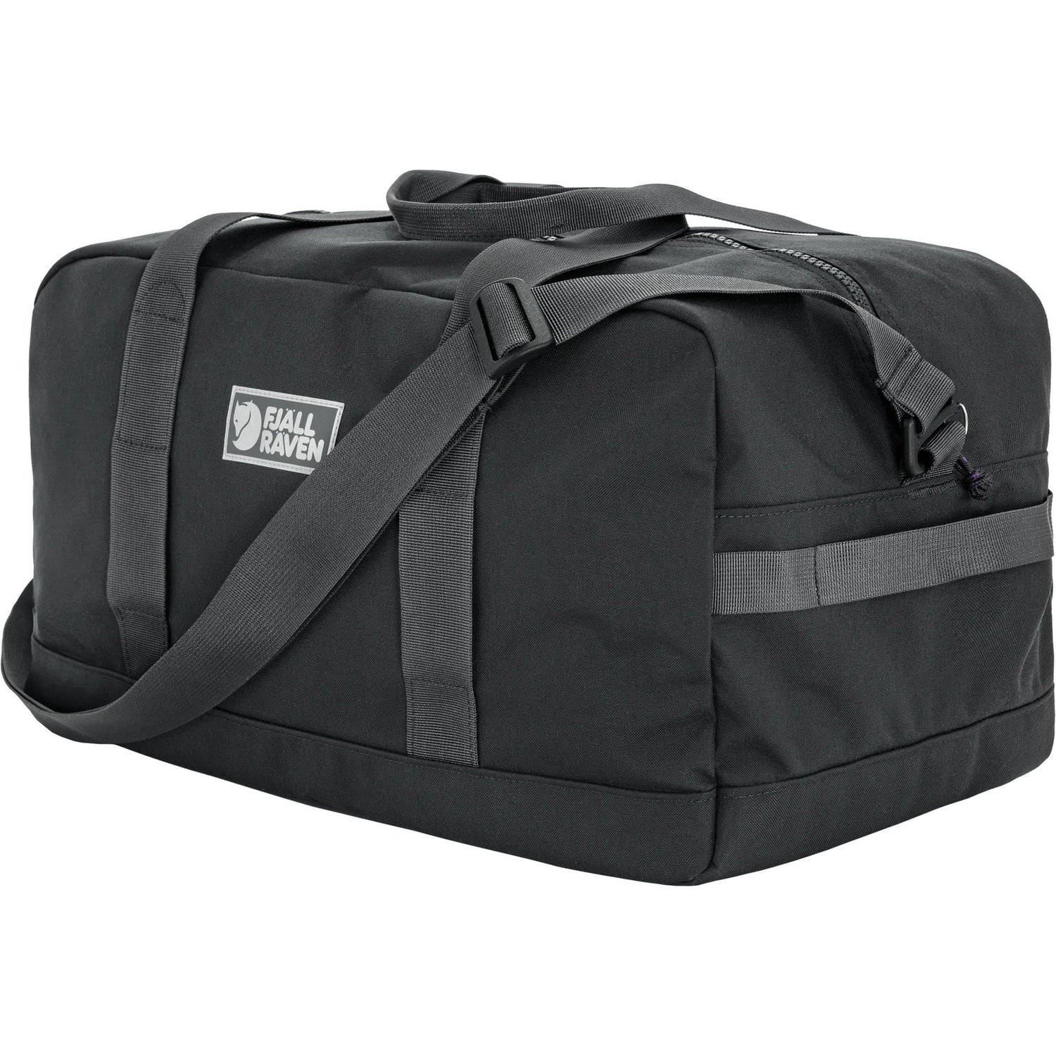 Black duffel bag with a visible brand logo on a white background - Fjällräven Vardag Duffel 33L - Black
