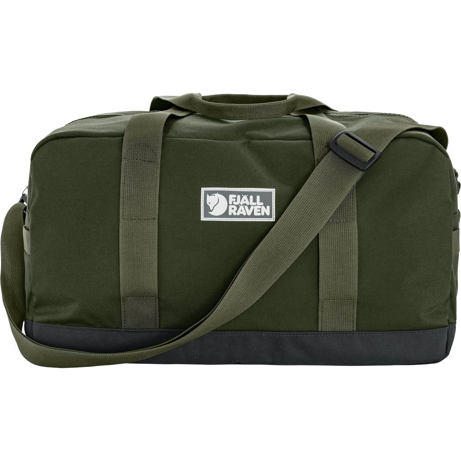 Green duffel bag with a visible brand logo on a white background - Fjällräven Vardag Duffel 33L - Deep Forest