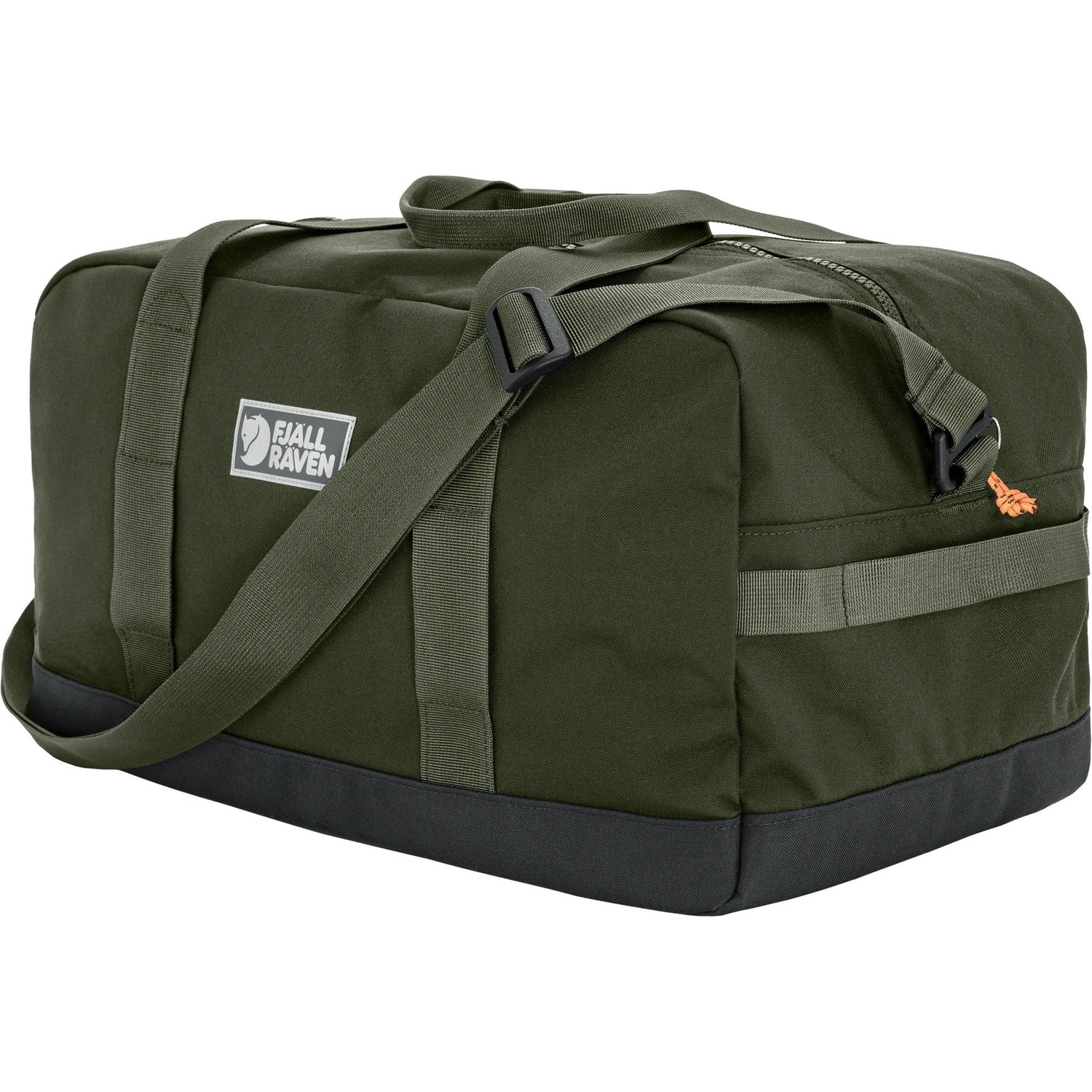 Green duffel bag with a visible brand logo on a white background - Fjällräven Vardag Duffel 33L - Deep Forest