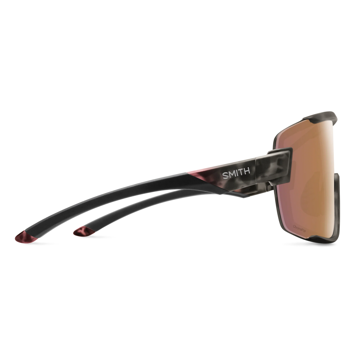 Sunglasses with black frame and brown lenses on a white background - Smith Wildcat Sunglasses - Matte Salt Haze | ChromaPop Rose Gold 