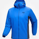 A bright blue Arc'teryx hooded jacket with dark gray side panels and a black logo on the chest, shown against a plain white background. - Arc'teryx Atom Hoody (Men's) - Fluidity/Black Sapphire
